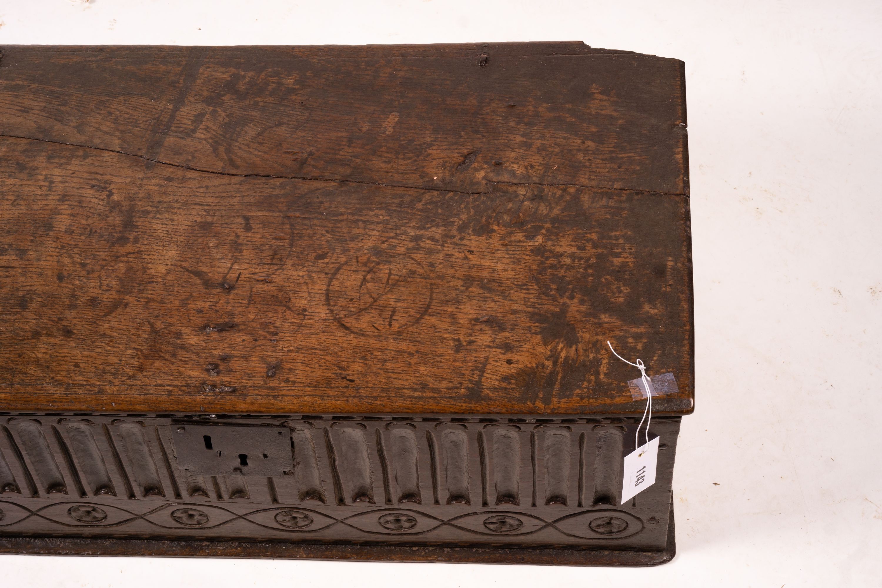 A 17th century rectangular carved oak bible box, W.74cm D.40cm H.25cm